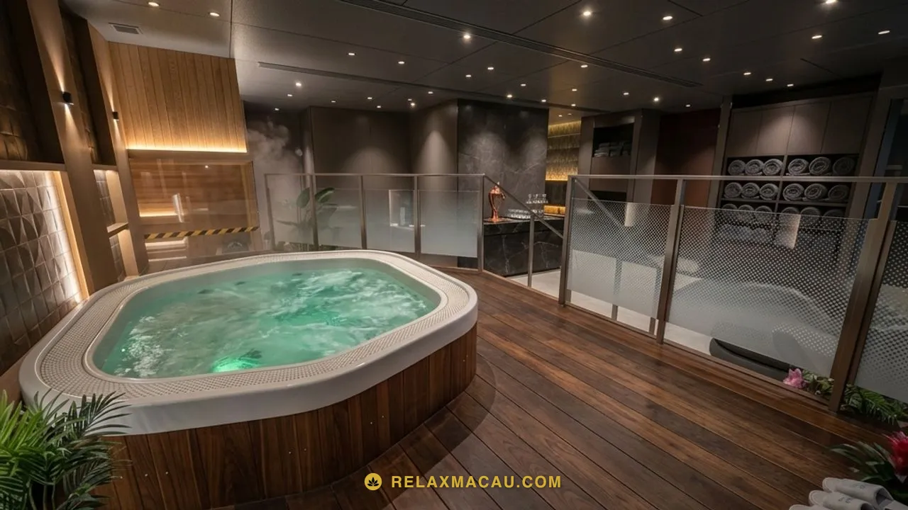 Macau sauna indoor jacuzzi at Shang Pin Spa, Cotai, Macau — a whirlpool bath beside a wooden sauna cabin, framed by tropical plants.