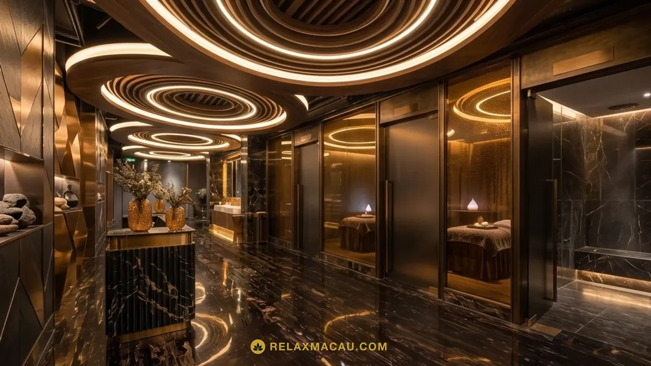 Golden-lit arrival hallway inside a Macau sauna