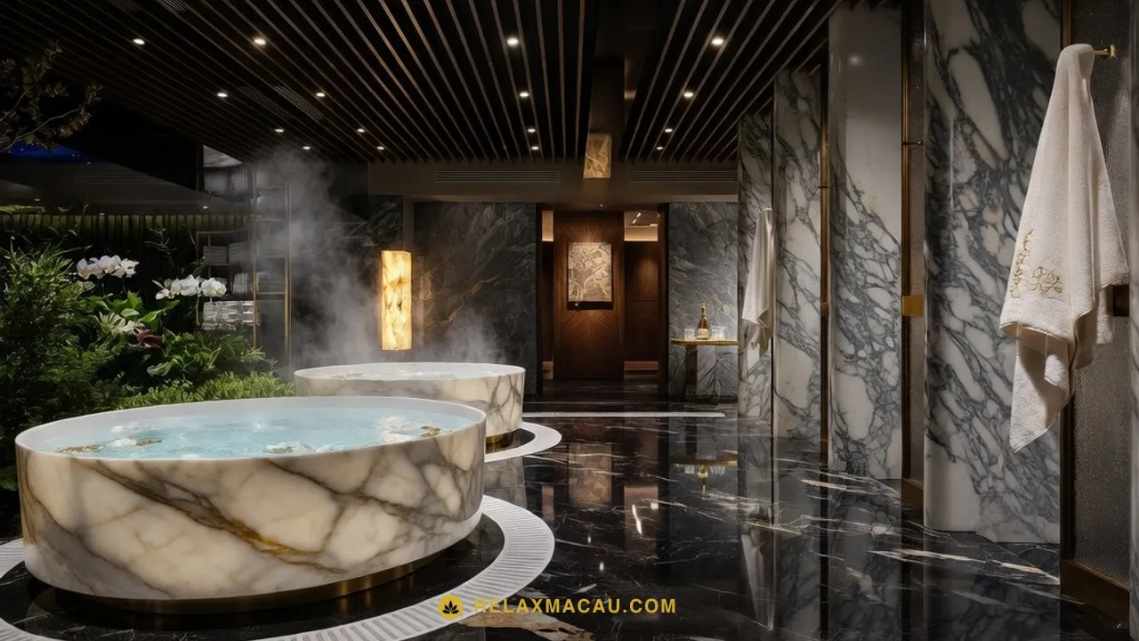 Marble baths and steam inside a Macau sauna club