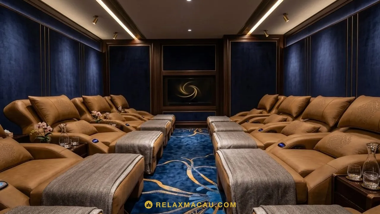 Recliner lounge inside a Macau sauna club with navy velvet walls and rows of leather recliners
