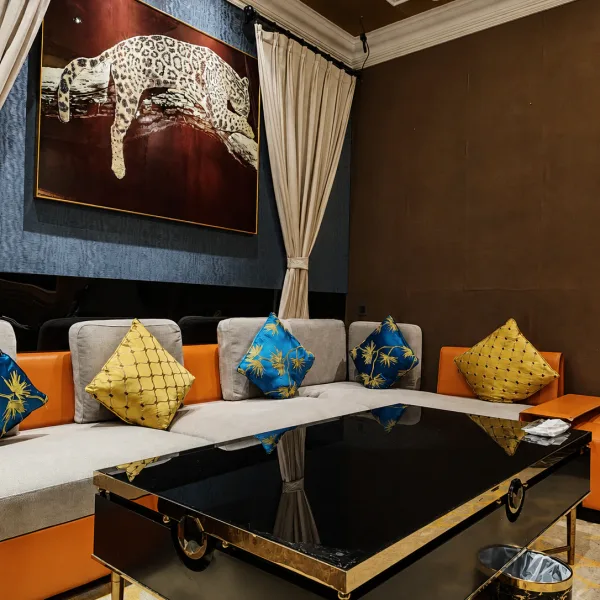 Corner sofa with colourful cushions and elephant artwork