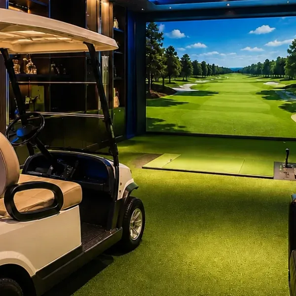 Indoor golf simulator with cart and panoramic screen