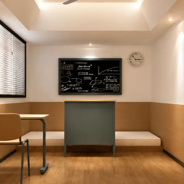Compact classroom-themed room with desk and chalkboard