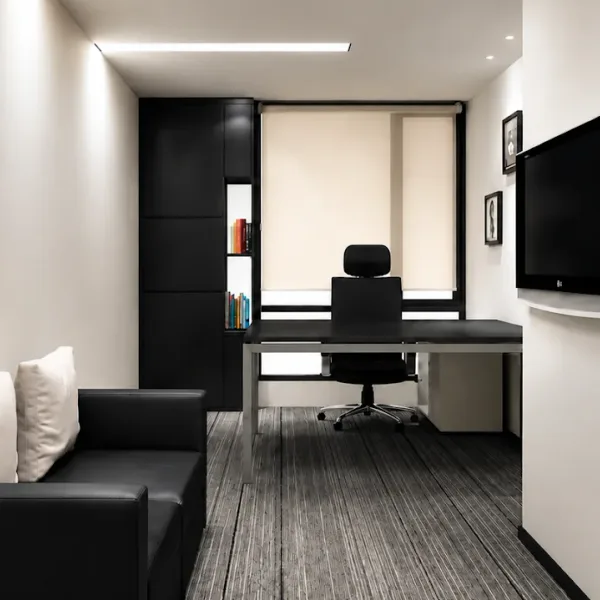 Office-themed suite with sofa desk and wall monitor