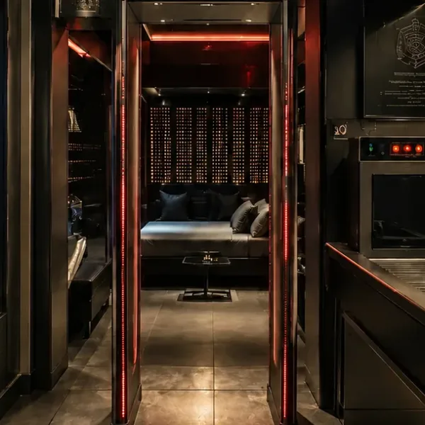 Narrow black galley room with red accent lighting