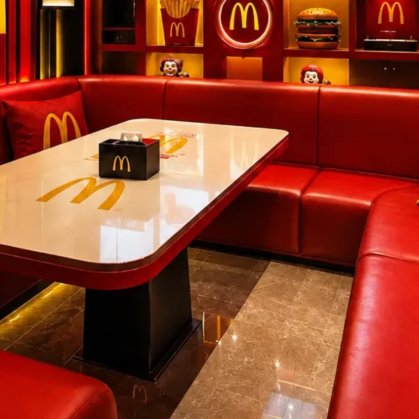 Red booth seating with gold arch motifs