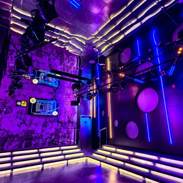 Neon entertainment room with mirrored ceiling and wall screens