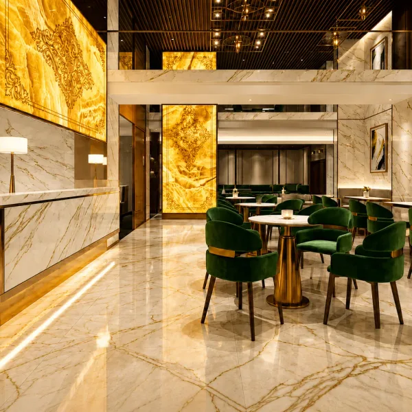 Marble dining lounge with green velvet chairs