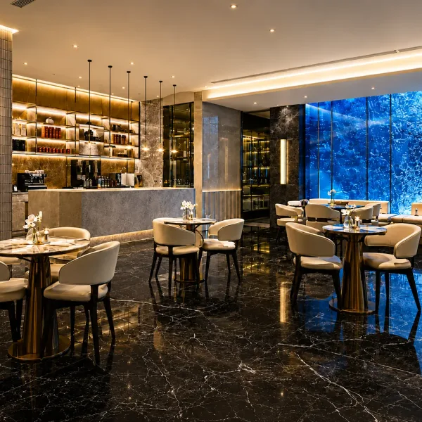 Dark dining room with blue glass feature wall