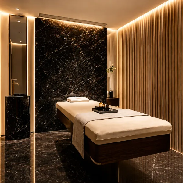 Private treatment room with massage table and black marble wall