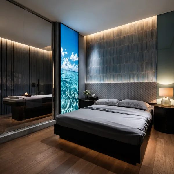 Modern bedroom with dark bed and illuminated blue wall panel
