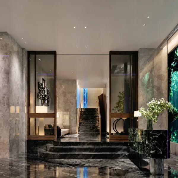 Marble entrance hall with black steps and indoor greenery