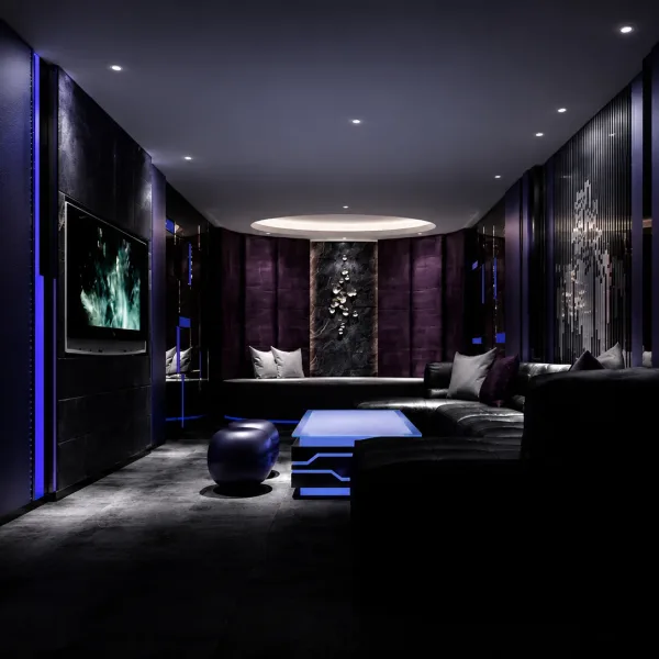 Dark private lounge traced with blue light