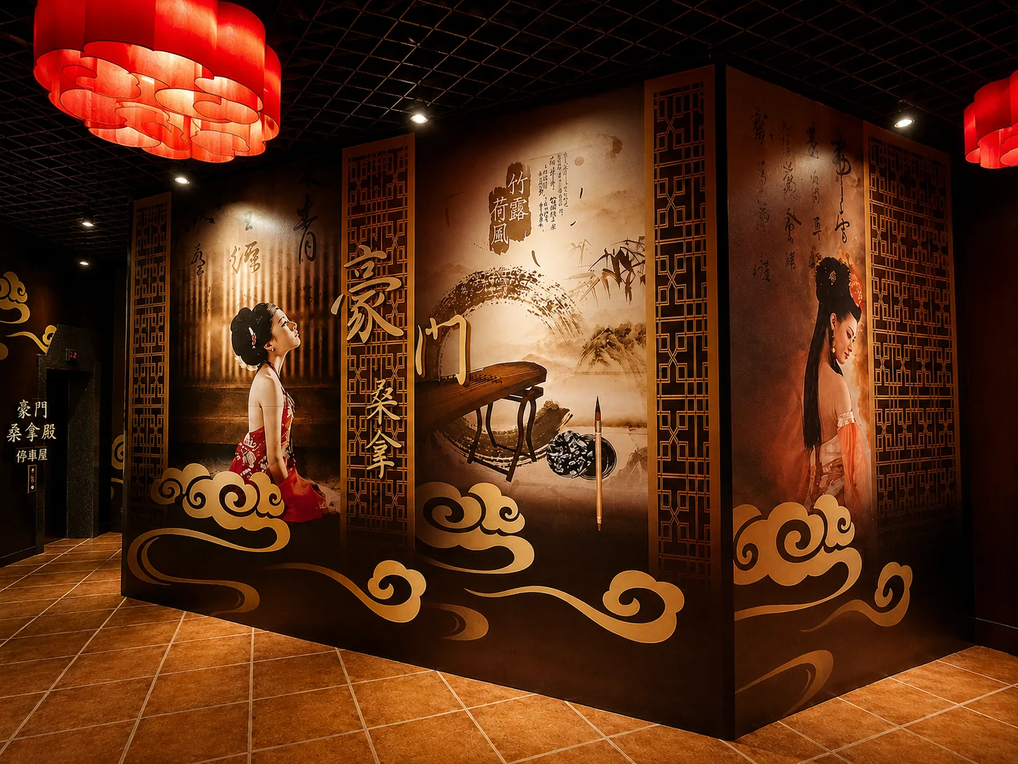 Chinese mural corridor lit by red lanterns