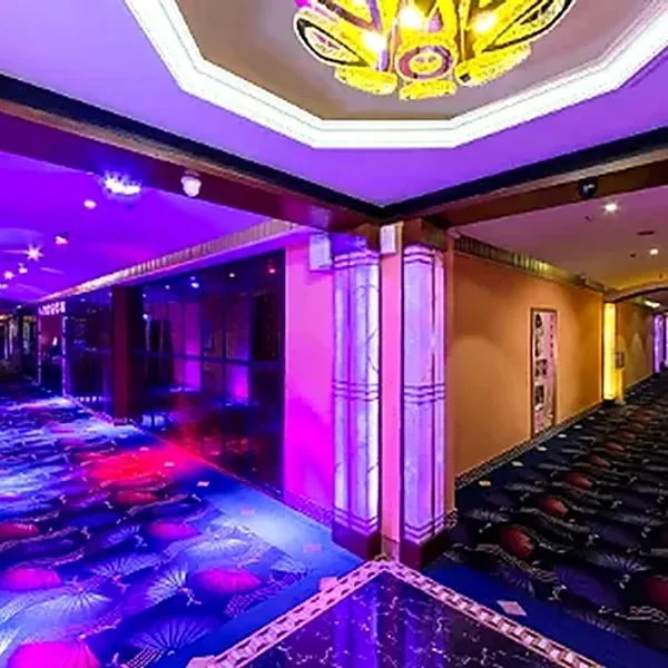 Purple and blue illuminated corridor with patterned carpet