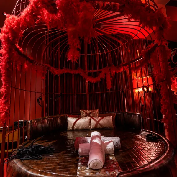 Round bed inside a black cage frame with red feather decor