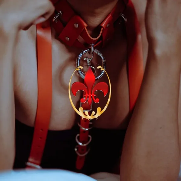 Close-up of a red strap with fleur-de-lis clasp