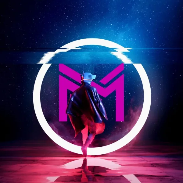 Costumed figure framed by a circular neon emblem