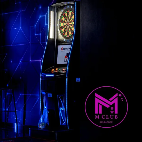 Dart machine beside a purple illuminated emblem