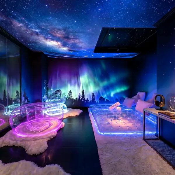 Aurora-themed room with clear furniture and star ceiling