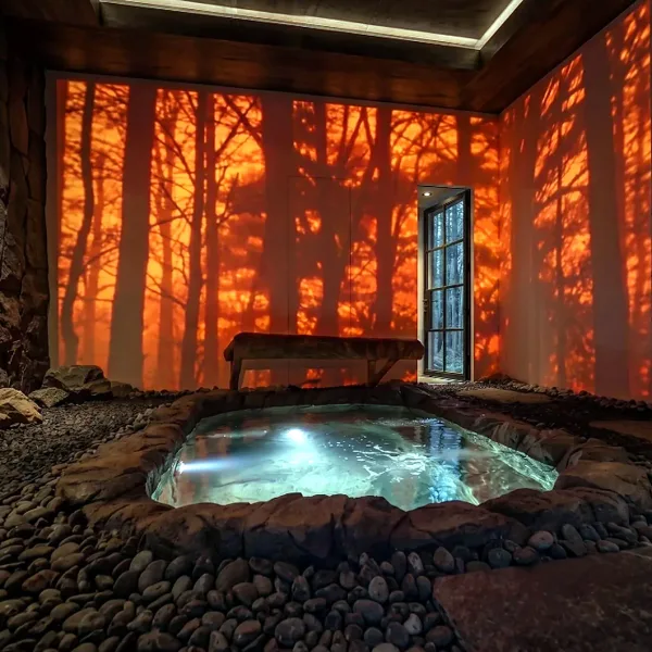 Rock-lined hot tub surrounded by forest projections
