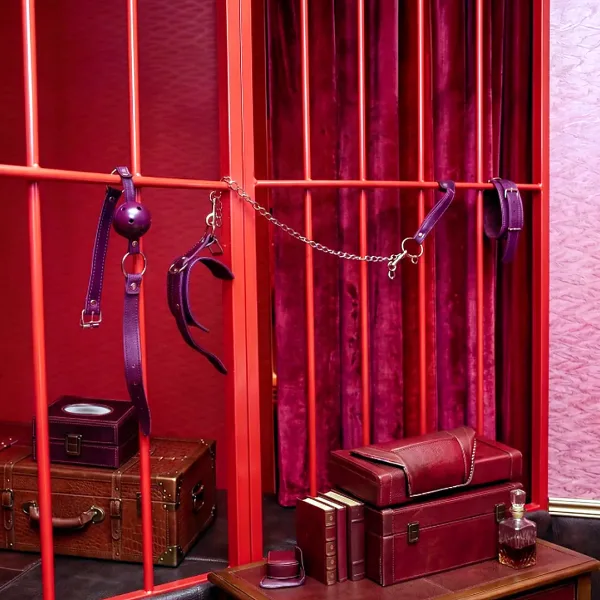 Red themed room with hanging leather accessories