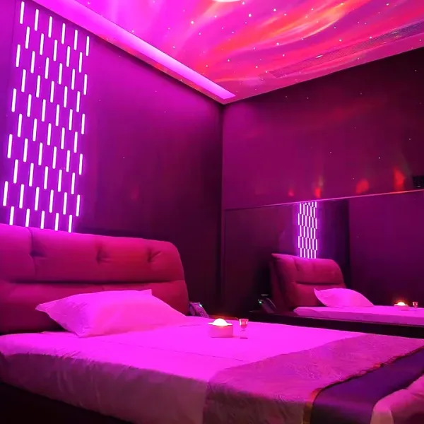 Magenta bedroom with double bed and mirrored wall