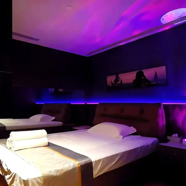 Purple-lit bedroom with double bed and curved ceiling detail