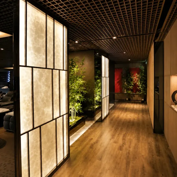 Warm wood corridor with glowing geometric wall panels